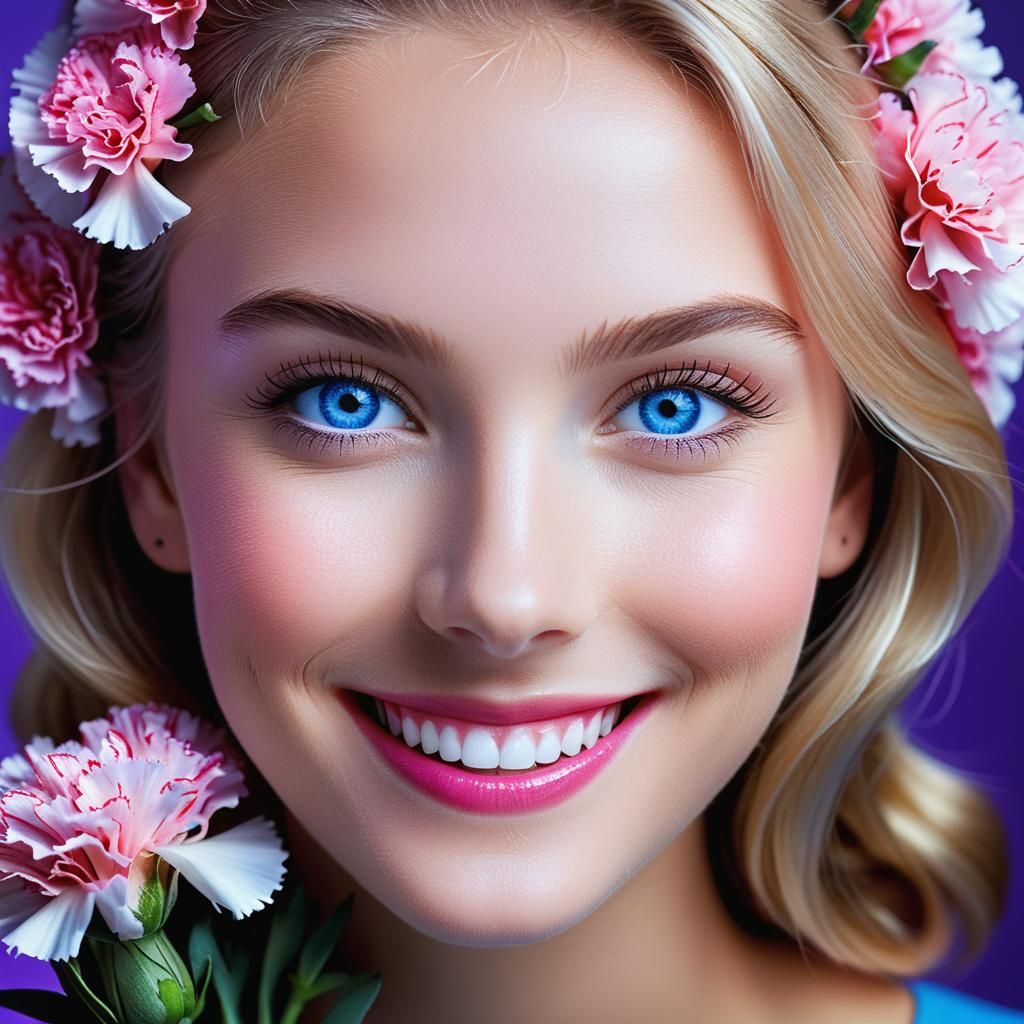 Smiling Woman with Blue Eyes and Carnations