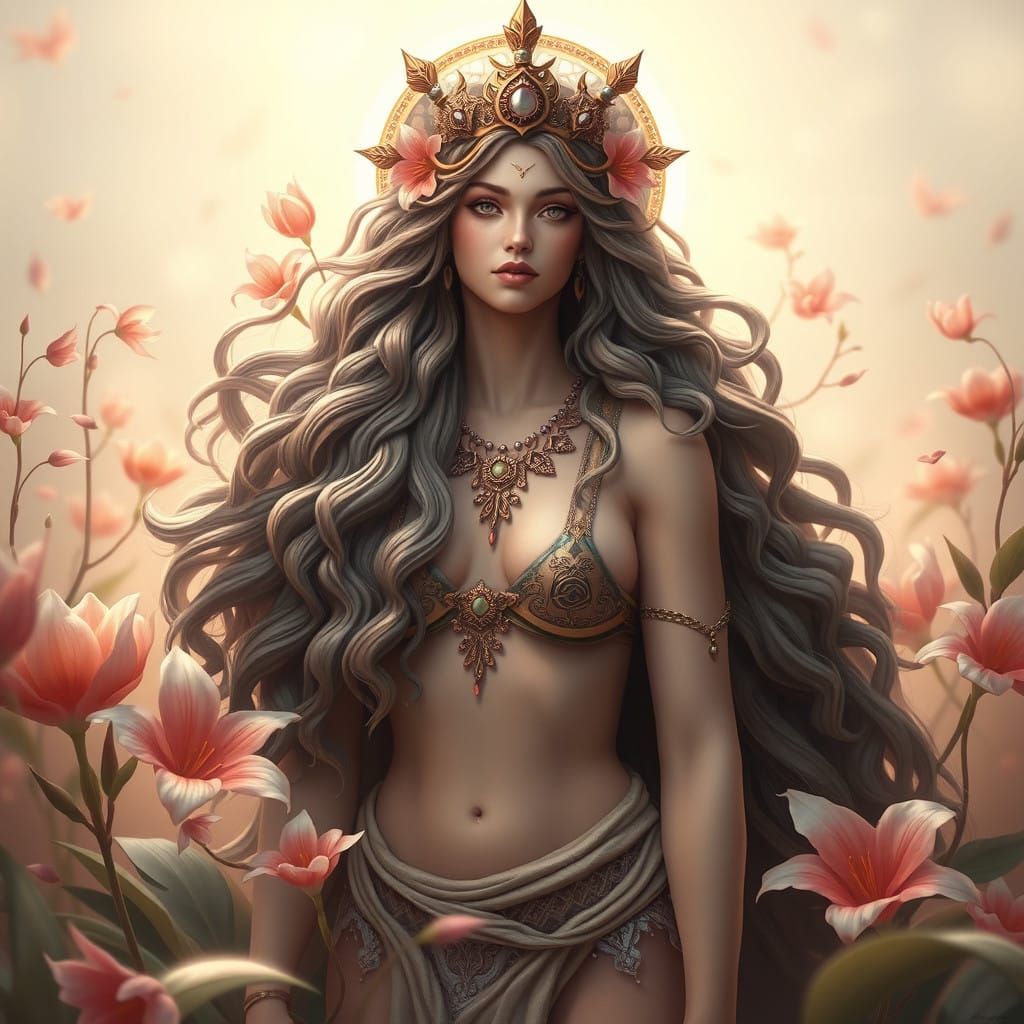 Goddess of Prime Life in Lush Greek Landscape