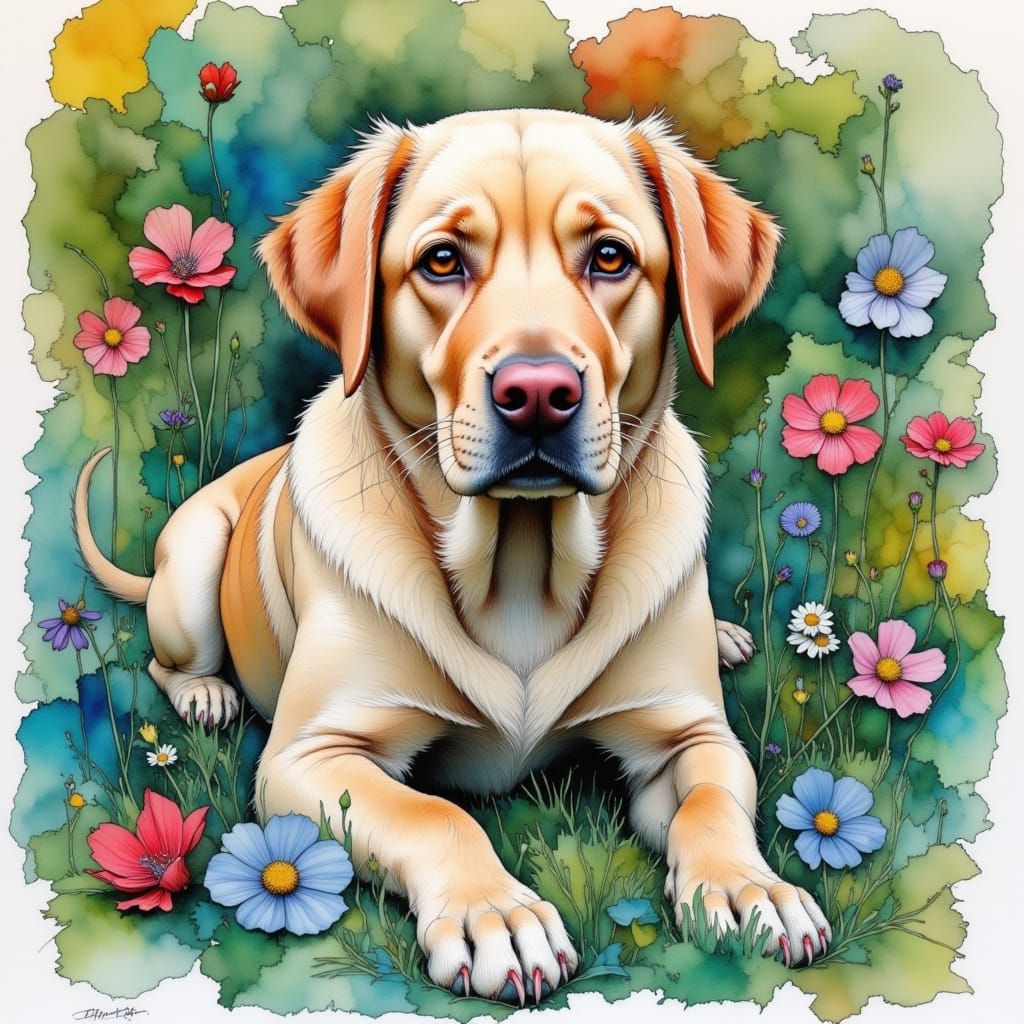 Labrador in Spring Garden as Impressionist Pastel Sketch