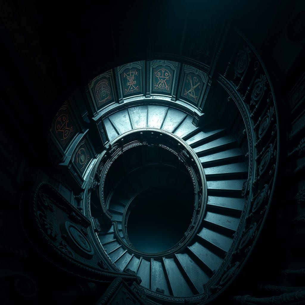 Baroque-Inspired Staircase Descends into Dark, Endless Void