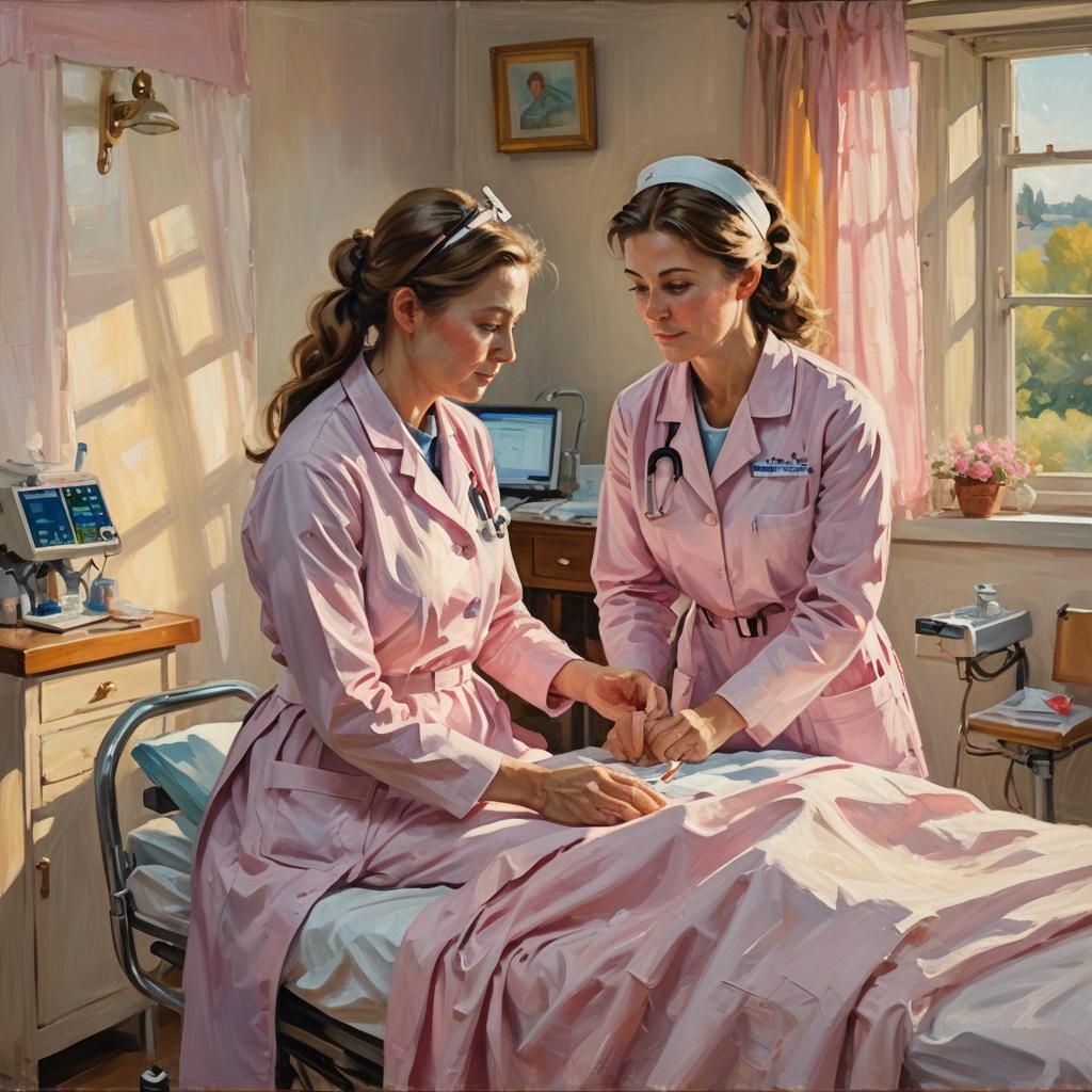 Nurse Treats Patient: Impressionist Oil Painting in Warm Lig...