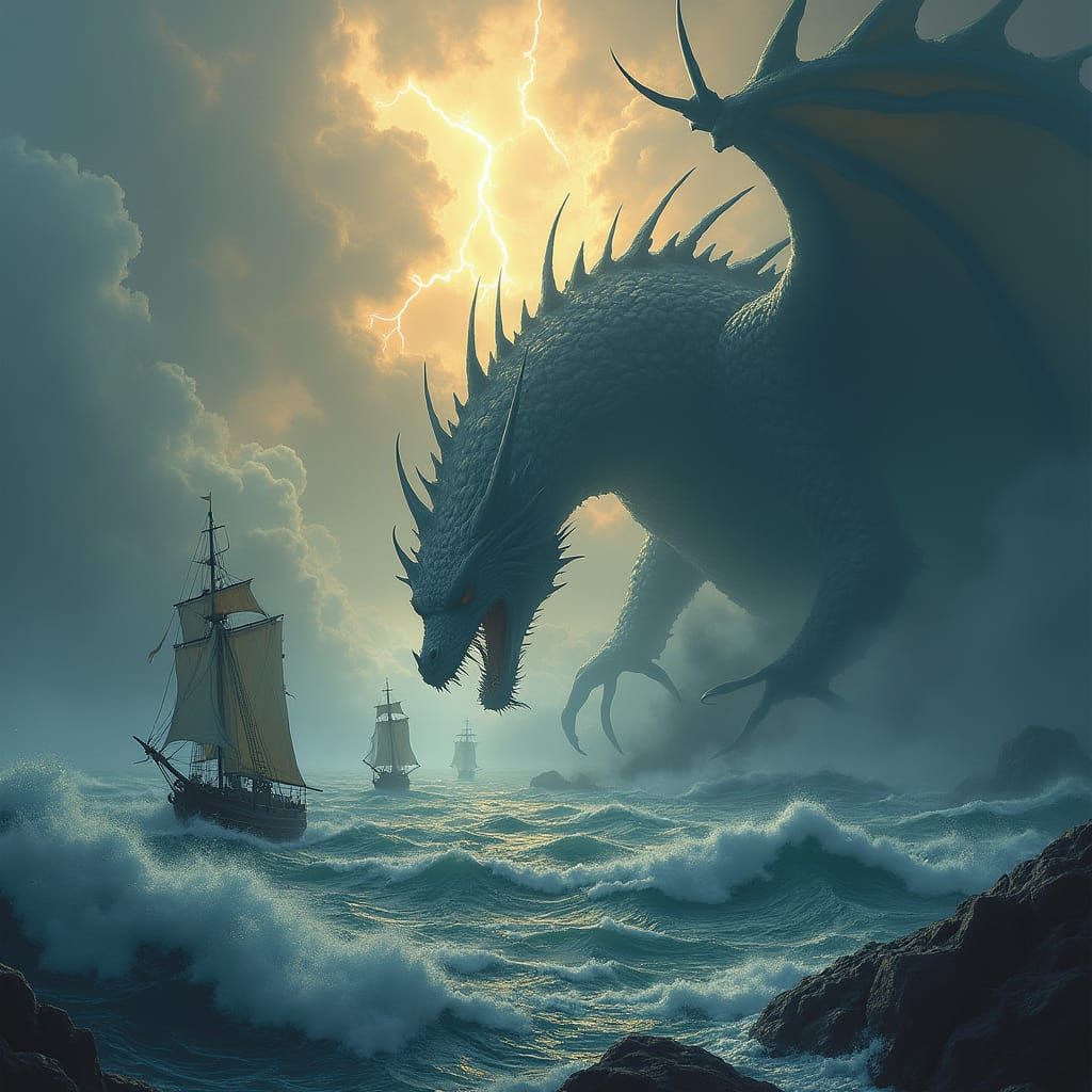 Dragon Emerges from Stormy Sea: Hyper-Realistic Fantasy Art