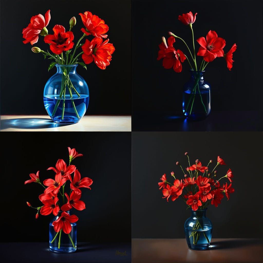 Red Flowers in Vase: Classic Oil Painting
