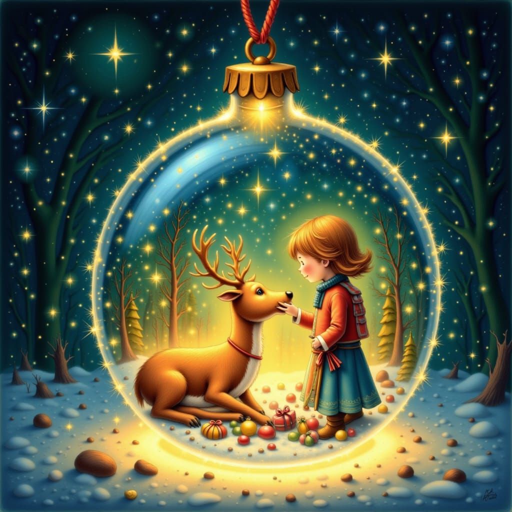 Glowing Glass Ornament With Girl and Reindeer