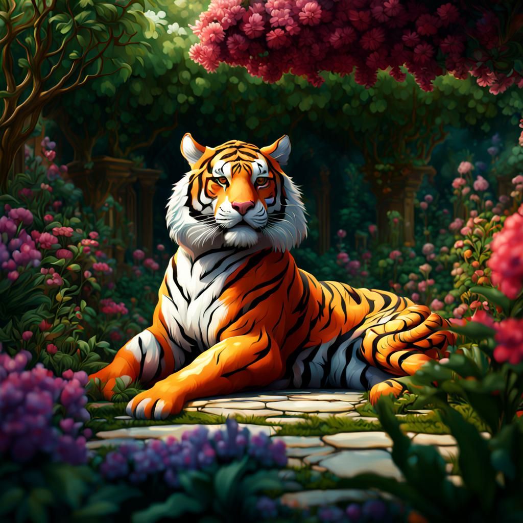 Tiger in Garden: Detailed Matte Painting