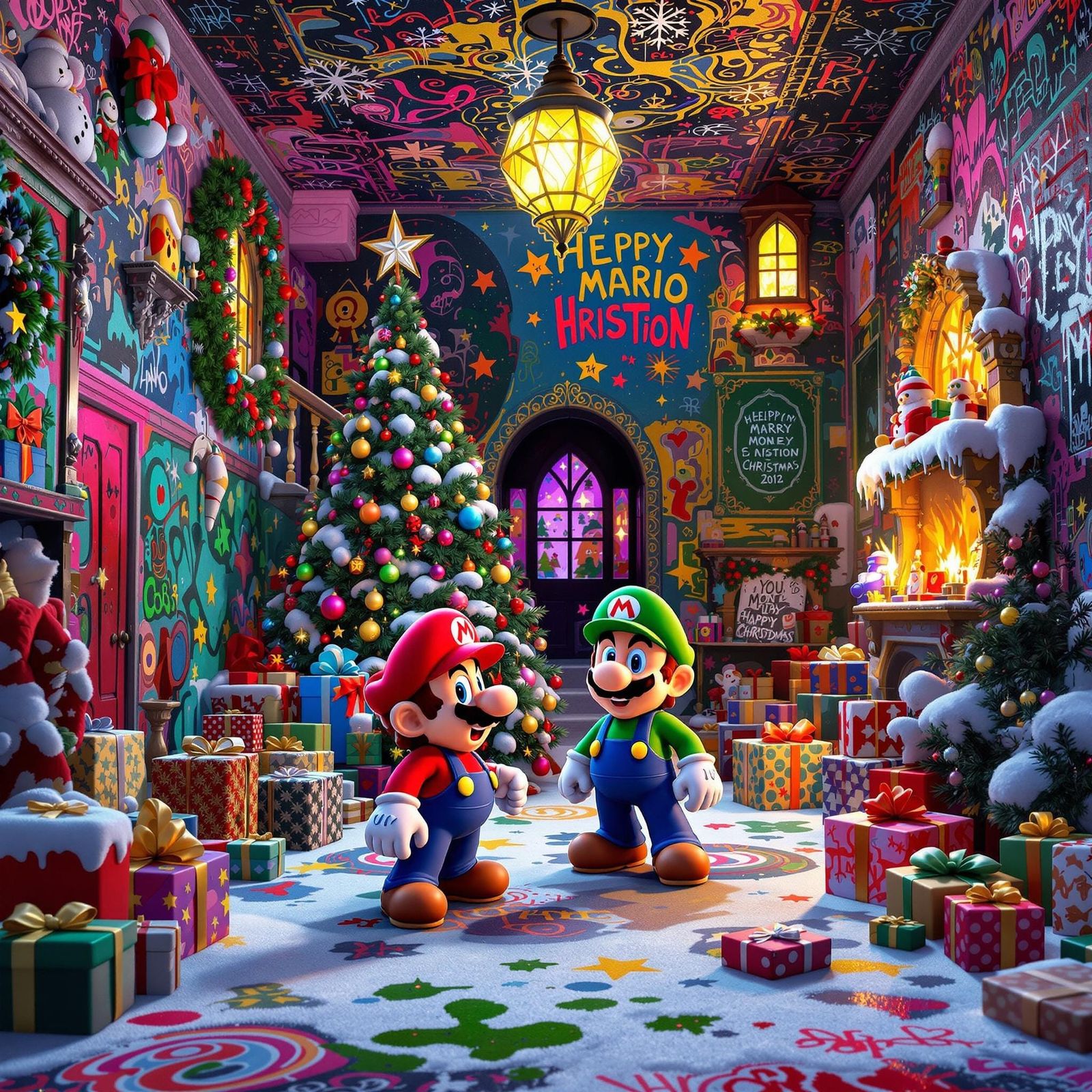Super Mario Bros Christmas Mansion in Graffiti Art Style