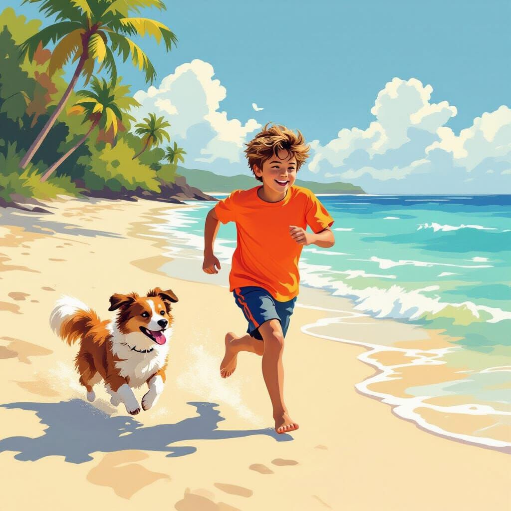 Boy and Dog Sprinting on Sunny Beach