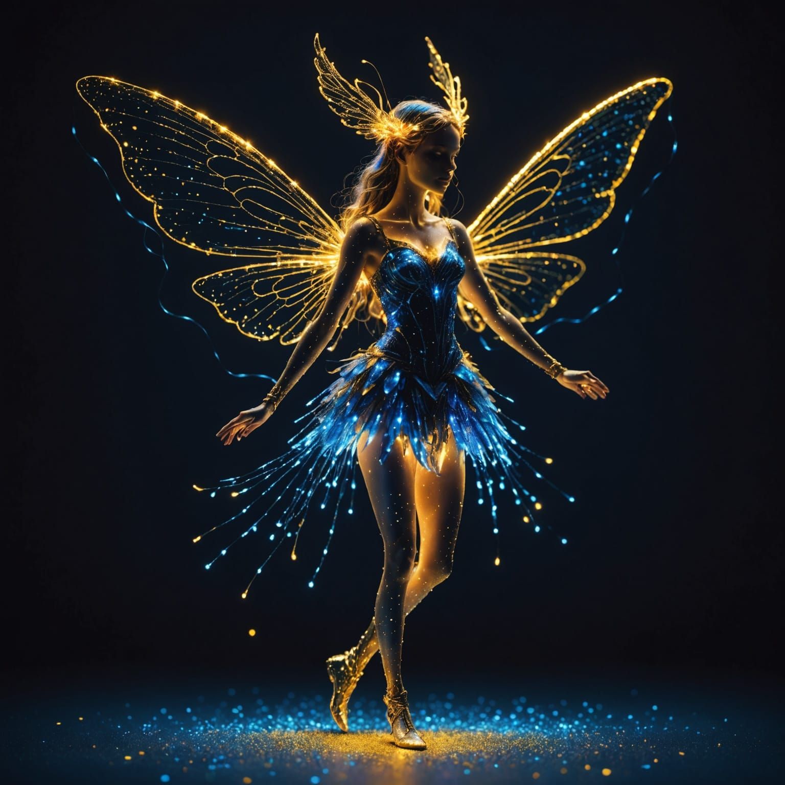 Luminous Fairy with Light Wings on Dark Blue