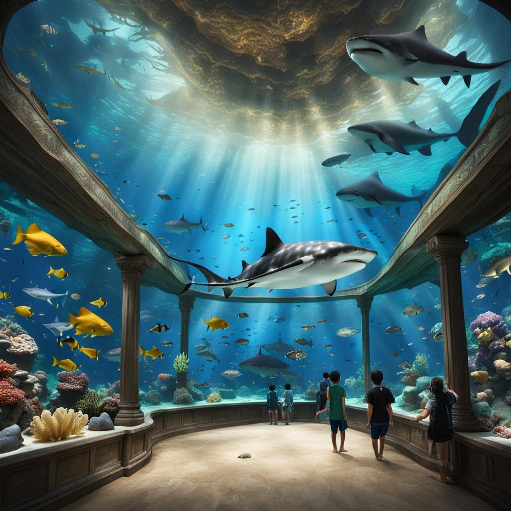 A big floor-length aquarium with manta rays, a whale shark, a sand shark, and all kinds of tropical fish.