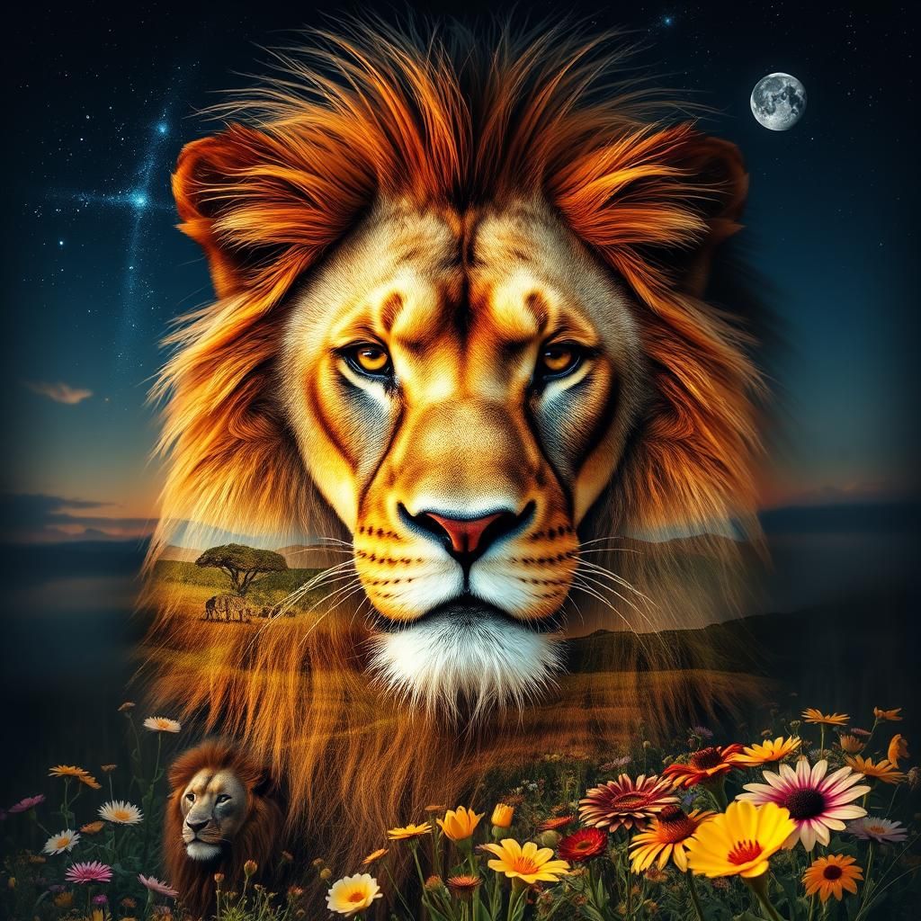 Lion's Face Merged with Savannah Scenery