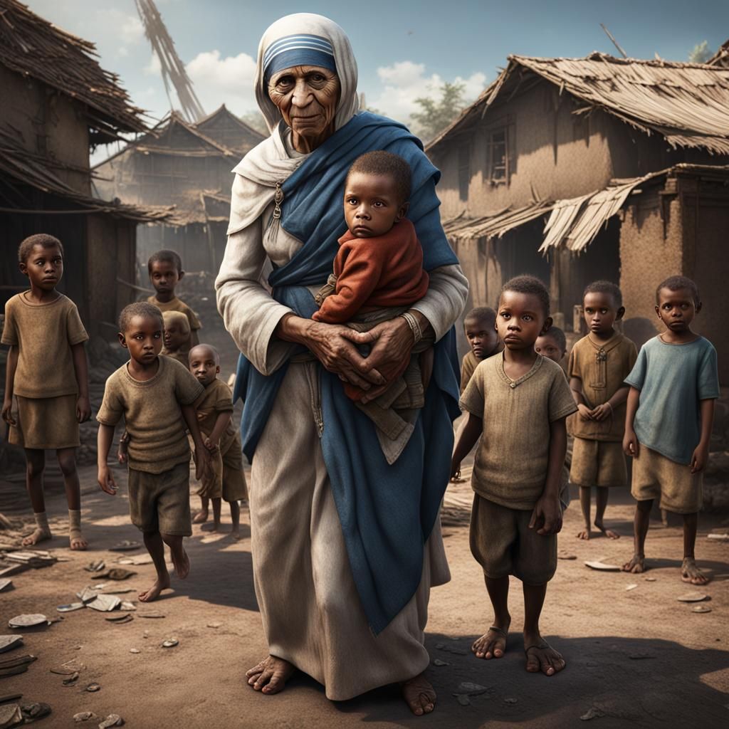 Mother Theresa with Children: Detailed Matte Painting