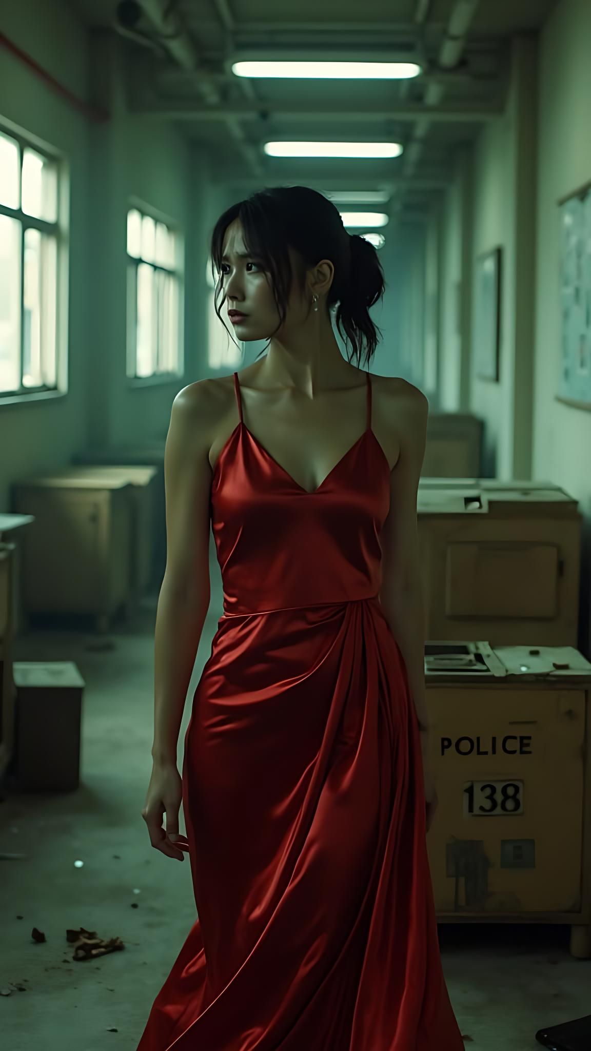 Worried Woman in Red Dress in Rundown Police Station
