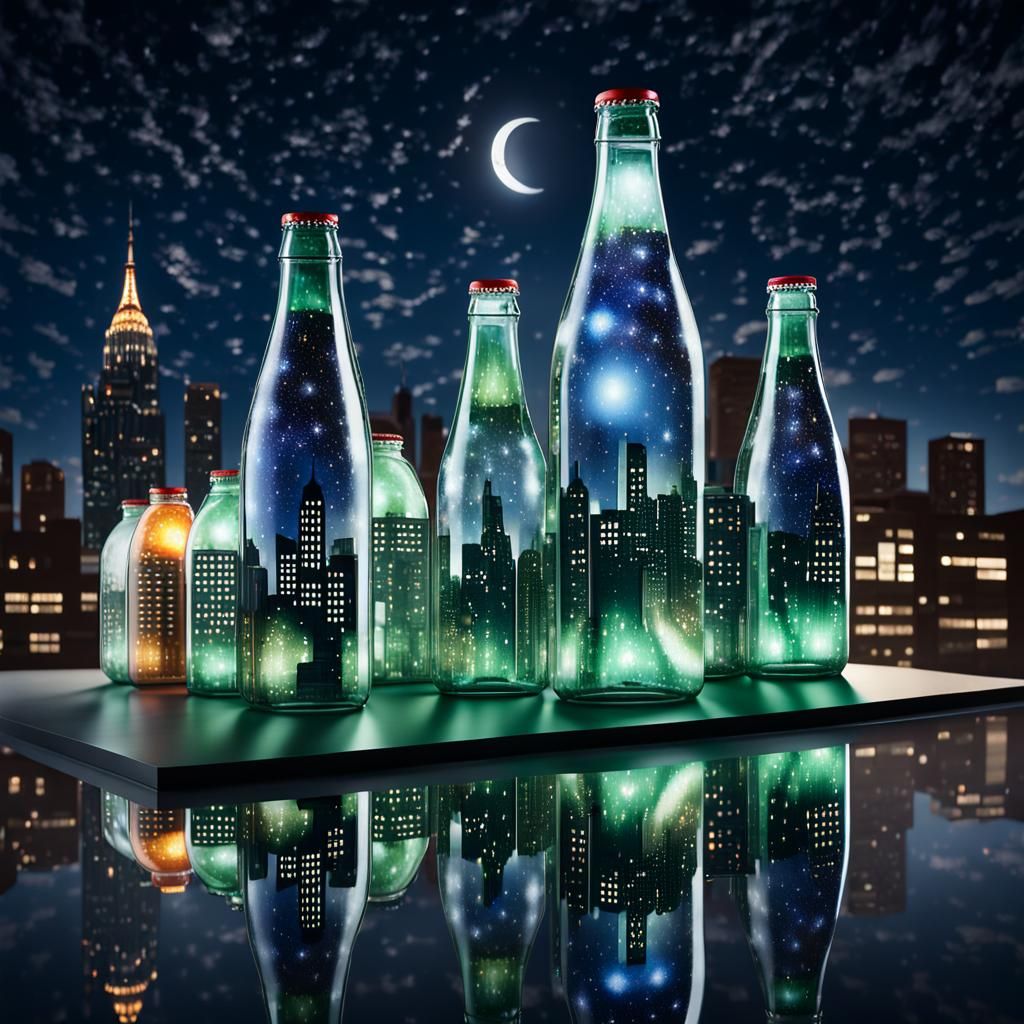 Glass Soda Bottle Skyscrapers Under Starry Night
