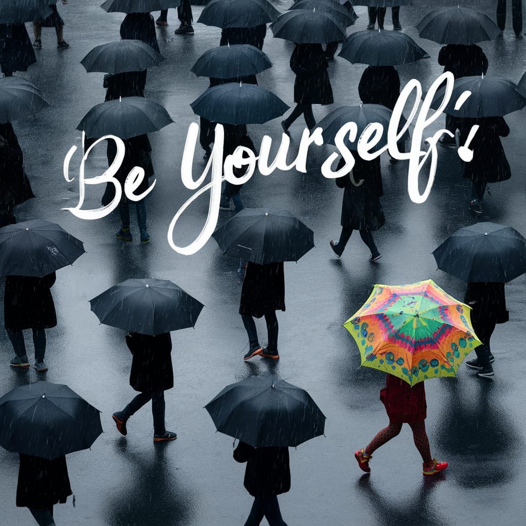 Calligraphic 'Be Yourself' Quote with Rainy Street Scene