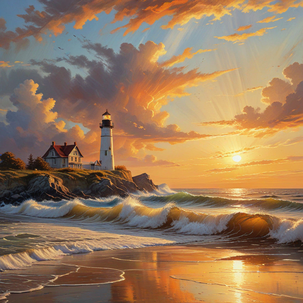Warm Sunset at a Beach Lighthouse in Impressionist Style