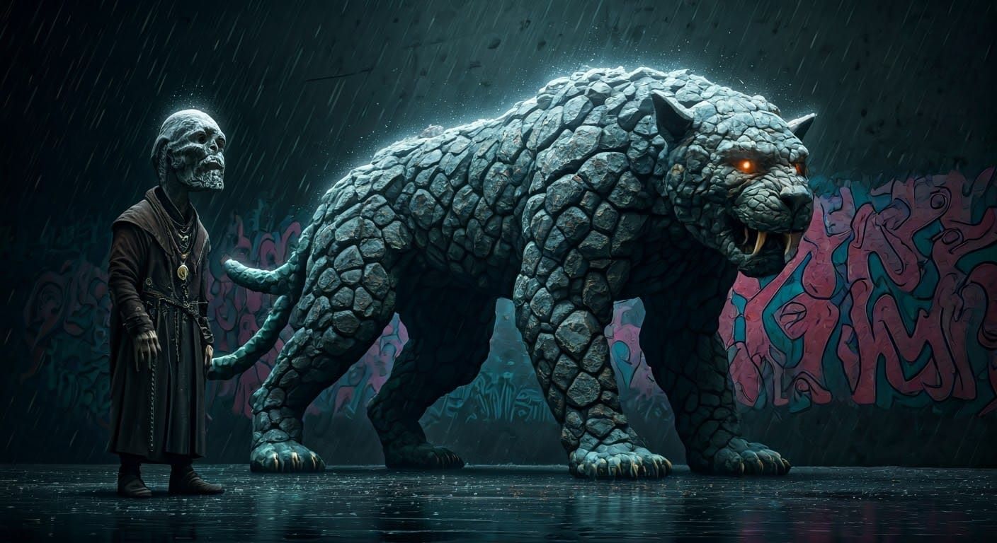 Urban Golem Manifestation with Necromancer, Digital Art