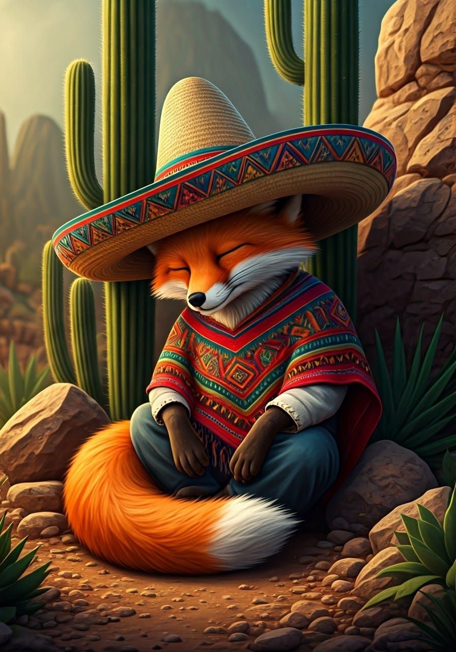 Anthropomorphic Fox Sleeping in Mexican Oasis