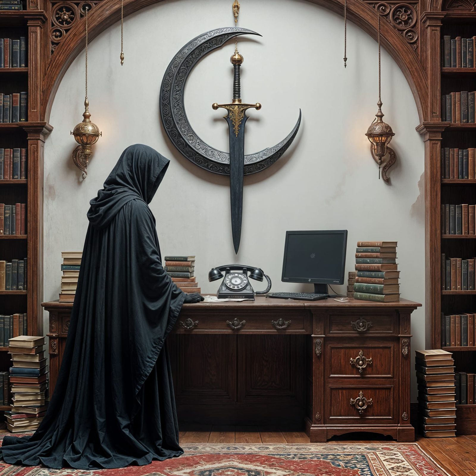 Jinn in a Room with Desk and Sword