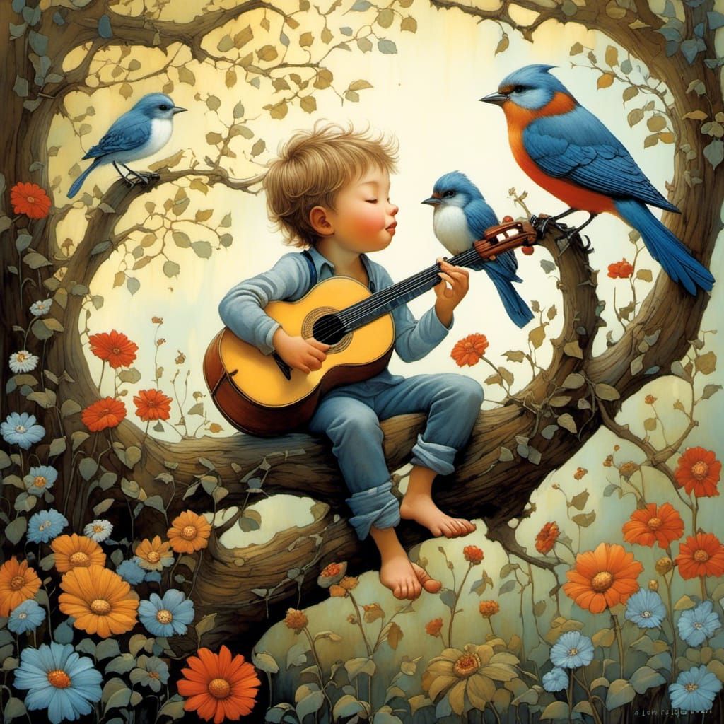 Boy Plays Cello for Bird, Folk Art Style
