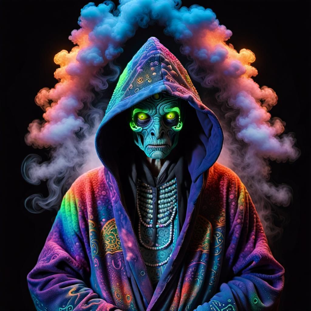Pointillist Alien Figure in Psychedelic Smoke
