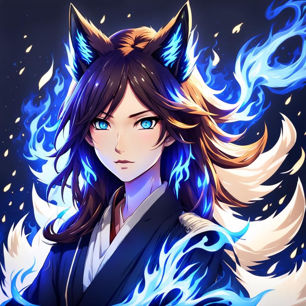 Anime Sorcerer with Blue Flames, Ghibli Style