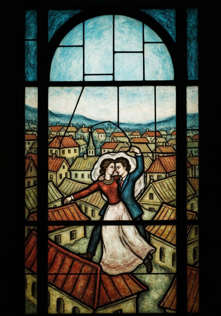 Couple Dancing Over Russian Rooftops in Stained Glass Style