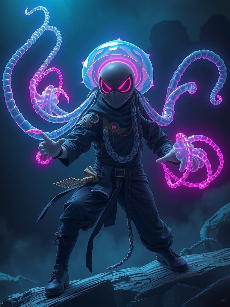 Jellyfish Ninja in Neon Noir Style