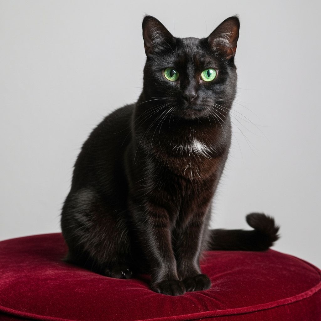 Majestic Black Cat with Emerald Eyes on Velvet Cushion