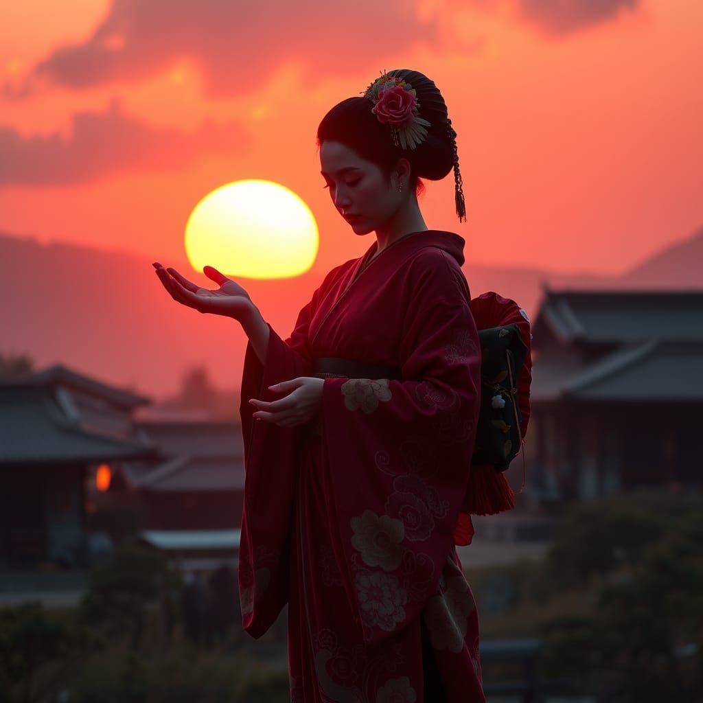 Ancient Geisha Transfers Morning to a Black Youth in a Neon-...
