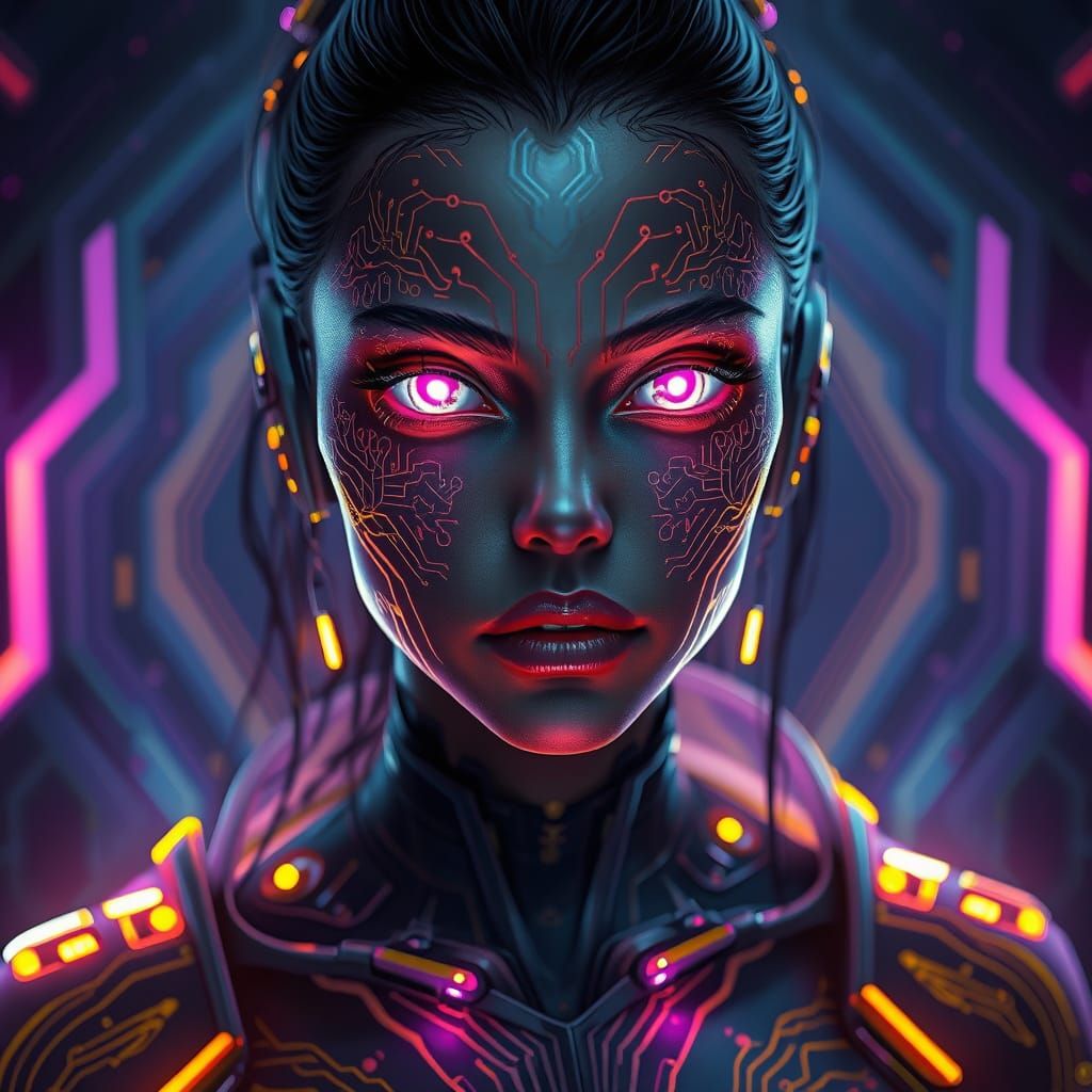 A futuristic figure blends organic and technological elements, featuring intricate circuit patterns on her skin and lumi...