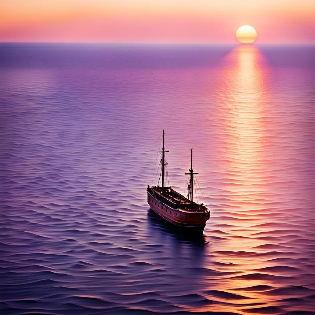 Solitary Ship at Sunset: A Surreal Seascape