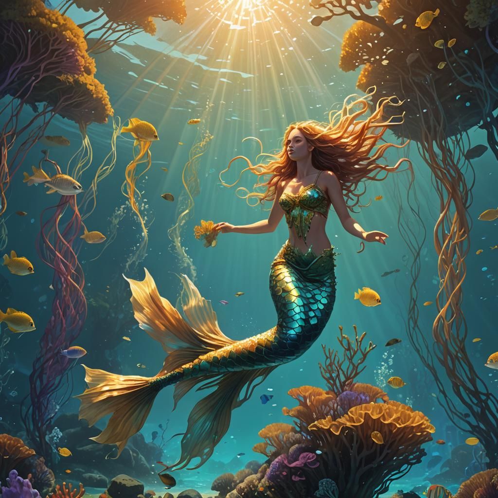 Luminous Mermaid in Kelp Forest, Mystical Realism