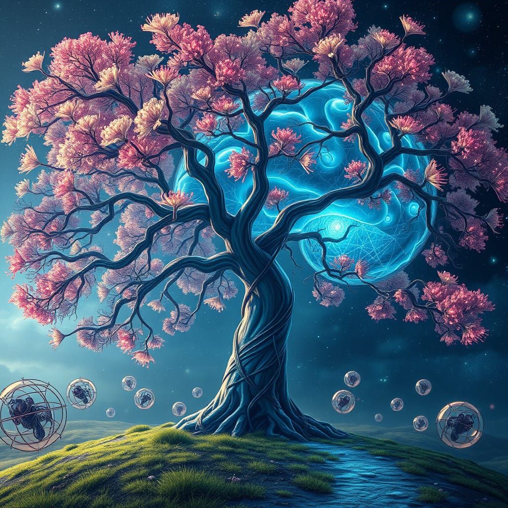 Vibrant Cyberpunk Landscape with Interconnected Machines and...