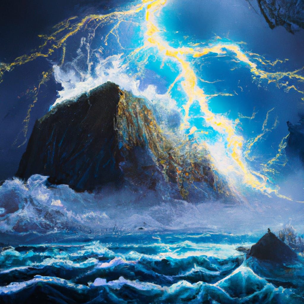 Biblical Lightning Storm Over Ocean Mountains