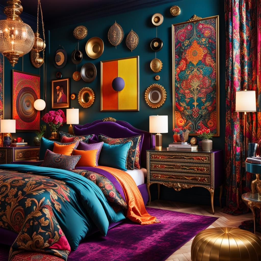 Maximalist Bedroom Interior in Vibrant Digital Art Style