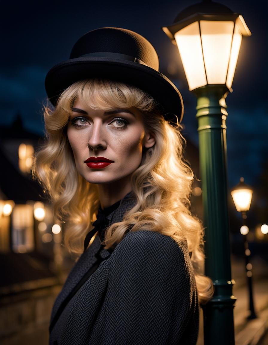 Night Portrait of Woman in 80s Dress with Bowler Hat