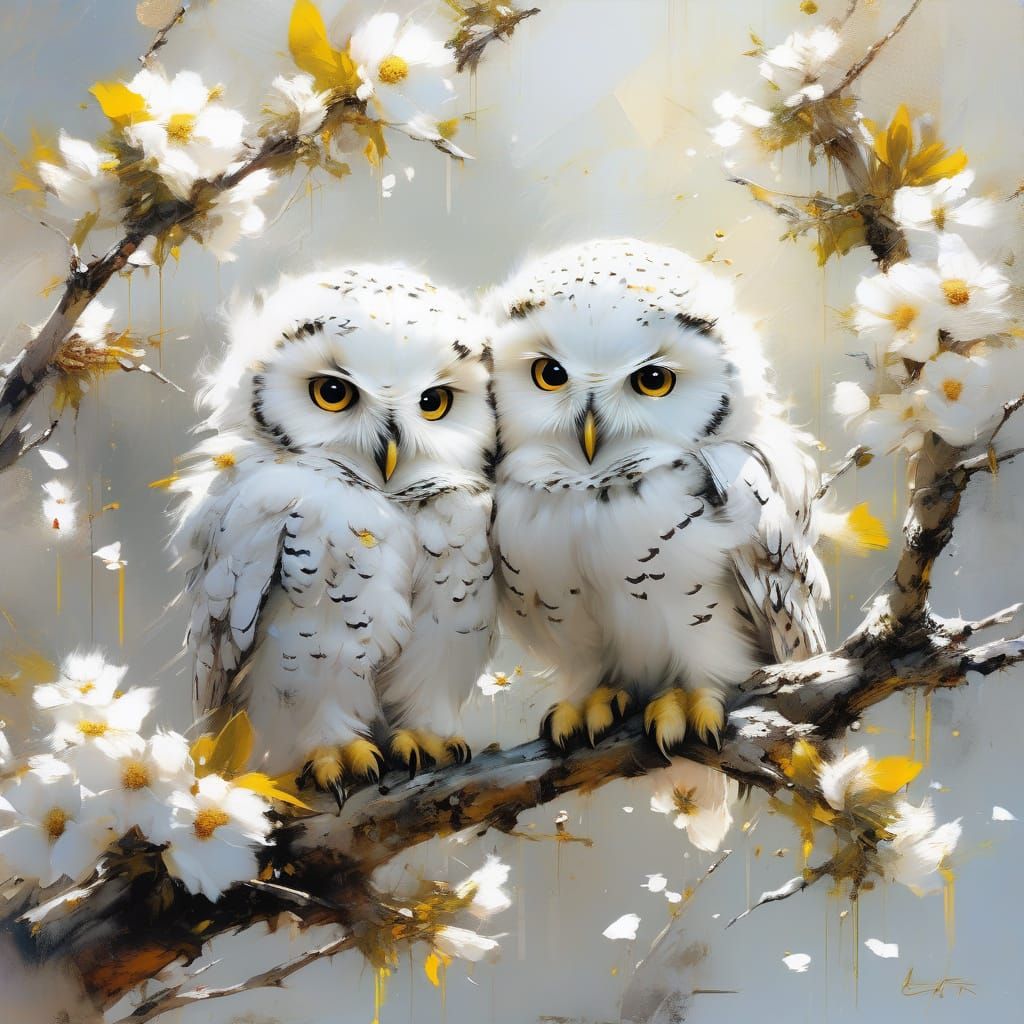 Snowy Owl Chicks in Apple Blossom Tree Painting