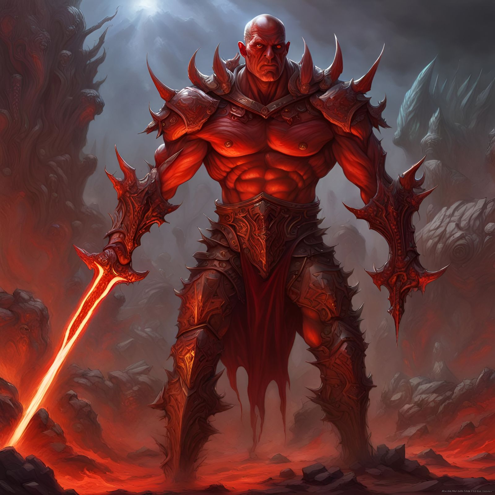 Red Armored Warrior Fighting Demonic Horde
