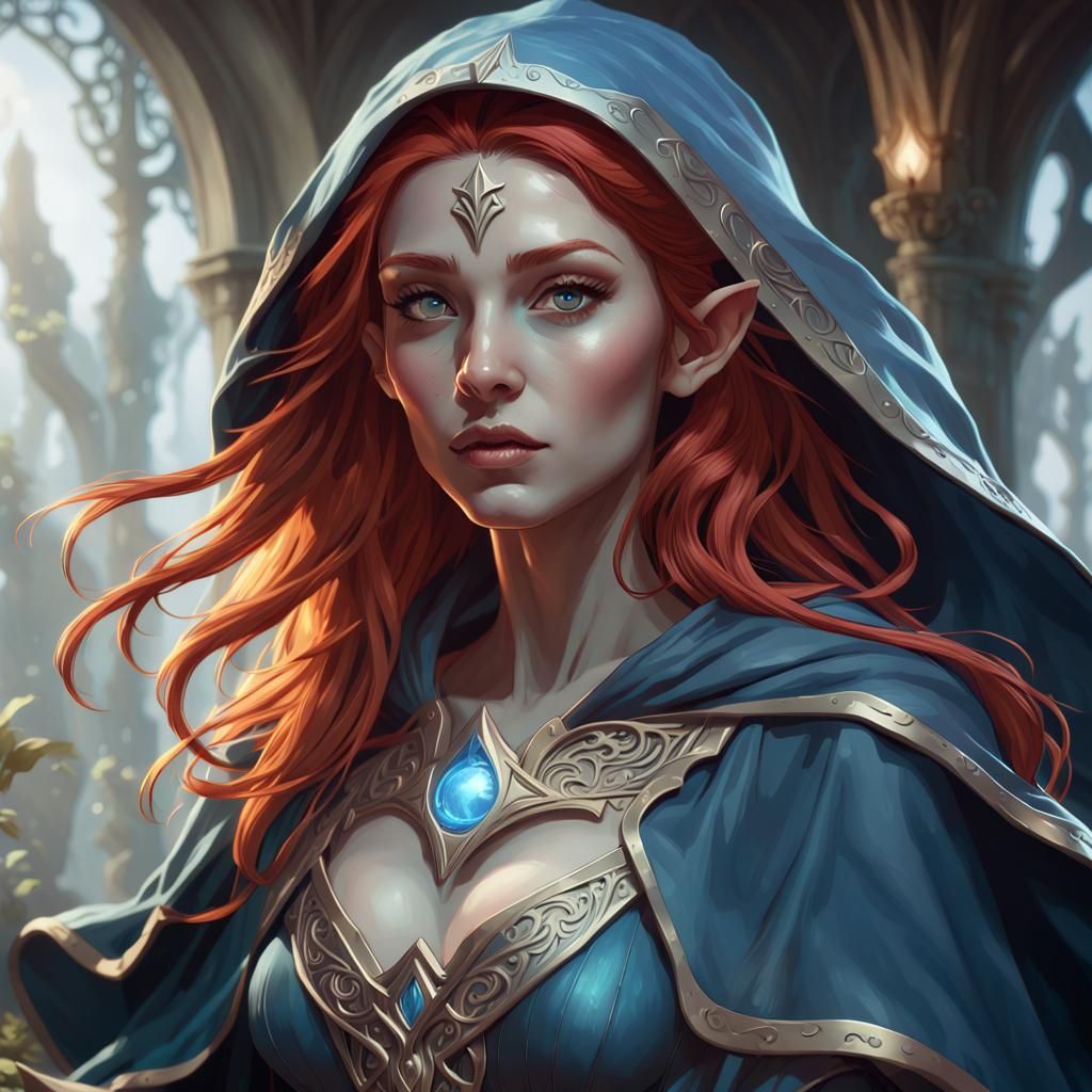 Ethereal Red-Haired Elf in Dark Fantasy Style