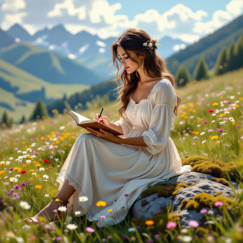 Woman Sketching in Dreamlike Wildflower Meadow