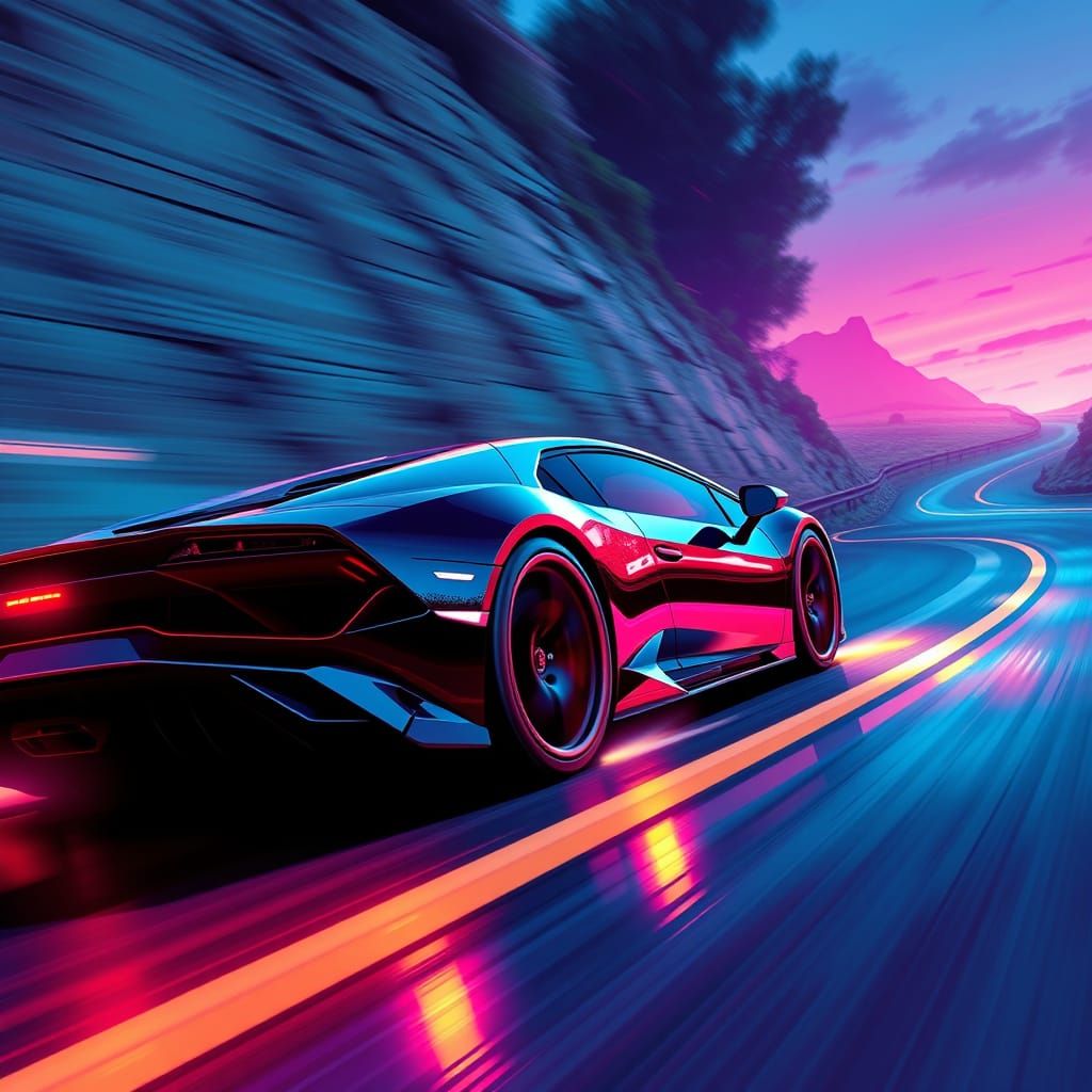Sleek Cyberpunk Supercar Speeds Down Winding Road in Neon