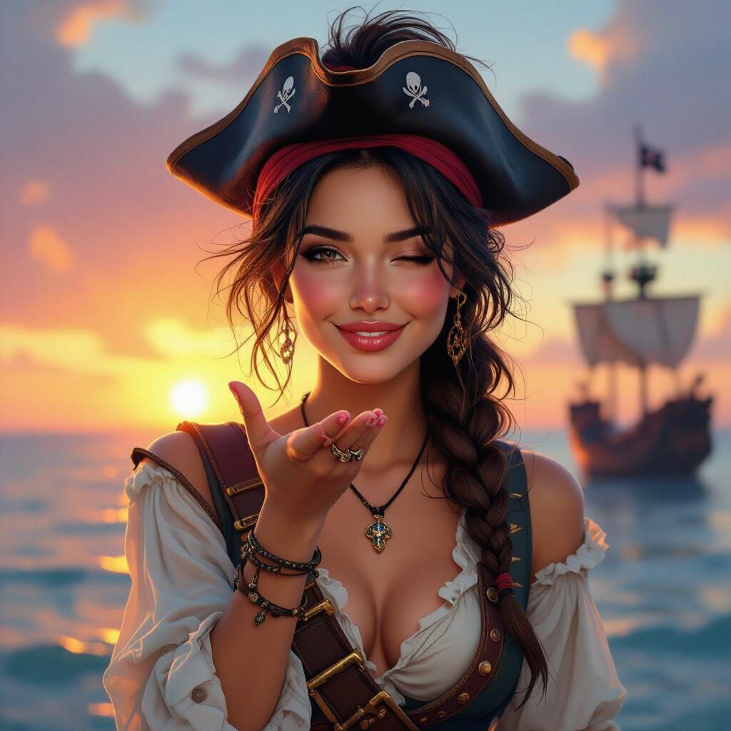 Photorealistic Double Exposure of a Beautiful Pirate Woman