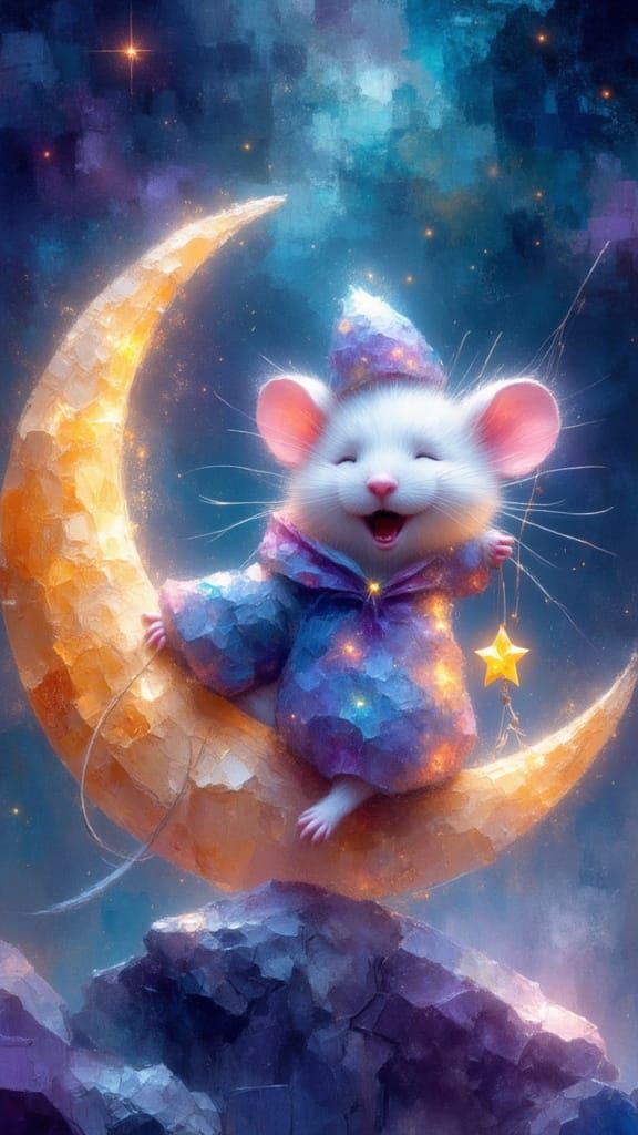 Fluffy Mouse on Crystal Moon in Cosmic Mist