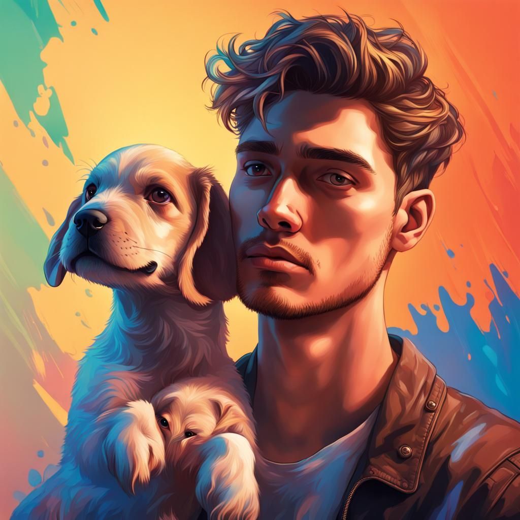 Handsome Man with Puppy: Hyperrealistic Splash Art