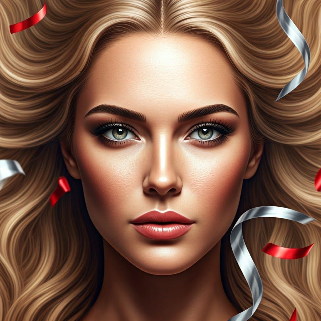 Surreal Celebration: Woman Amidst Silver and Red Confetti