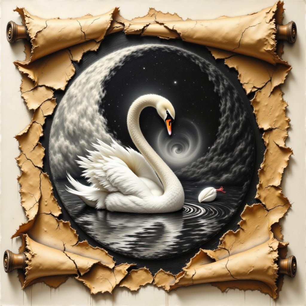 Charcoal Swan Yin Yang on Ancient Scroll