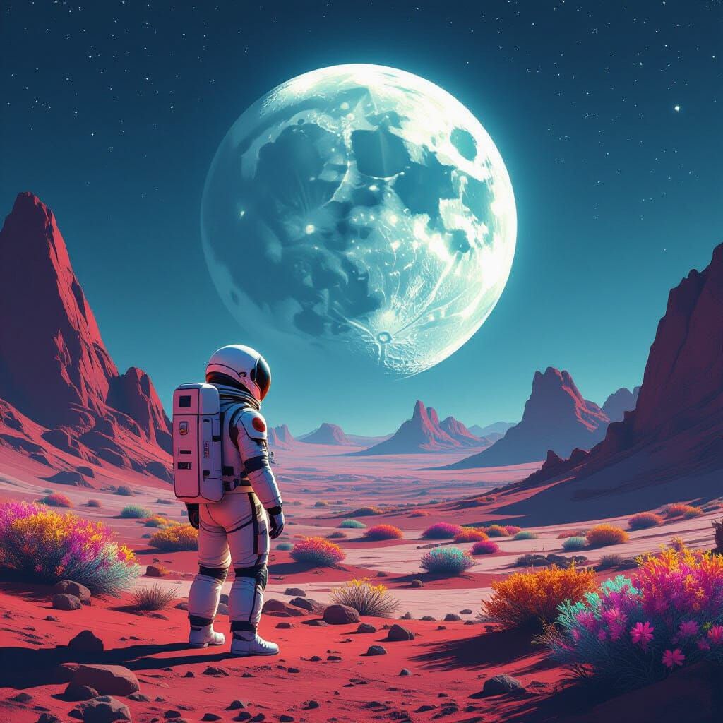 Astronaut on Alien Planet Gazing at Crystalline Moon