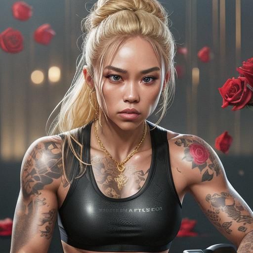 Hyperrealistic Woman on Bike with Roses and Gold