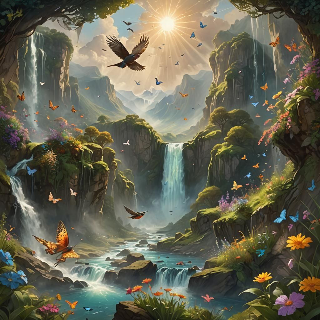 Bird, Butterflies, Waterfall and Mountain in Mythic Realism