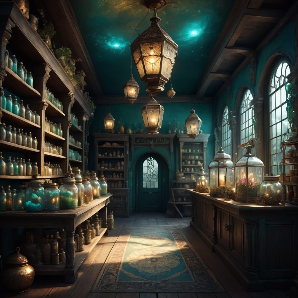 Magical Apothecary Shop Interior with Spiral Staircase